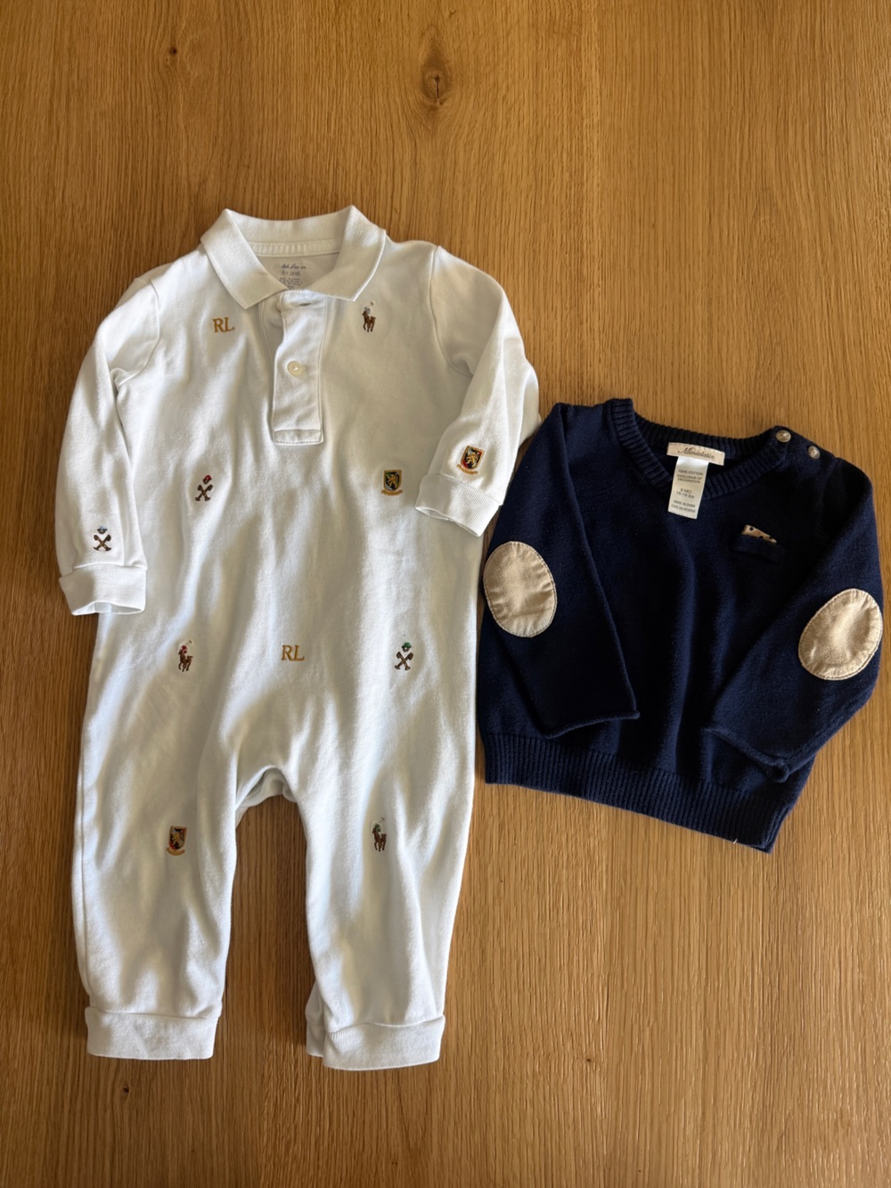 Ralph Lauren White Embroidered Polo Romper with Miniclasix Navy Sweater